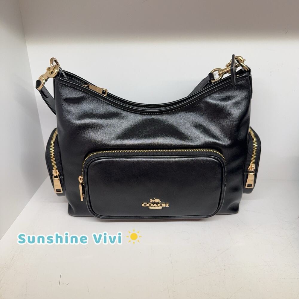 NWT Coach Laurel Shoulder Bag With Pockets CES93 Gold Black Shiny smooth leather